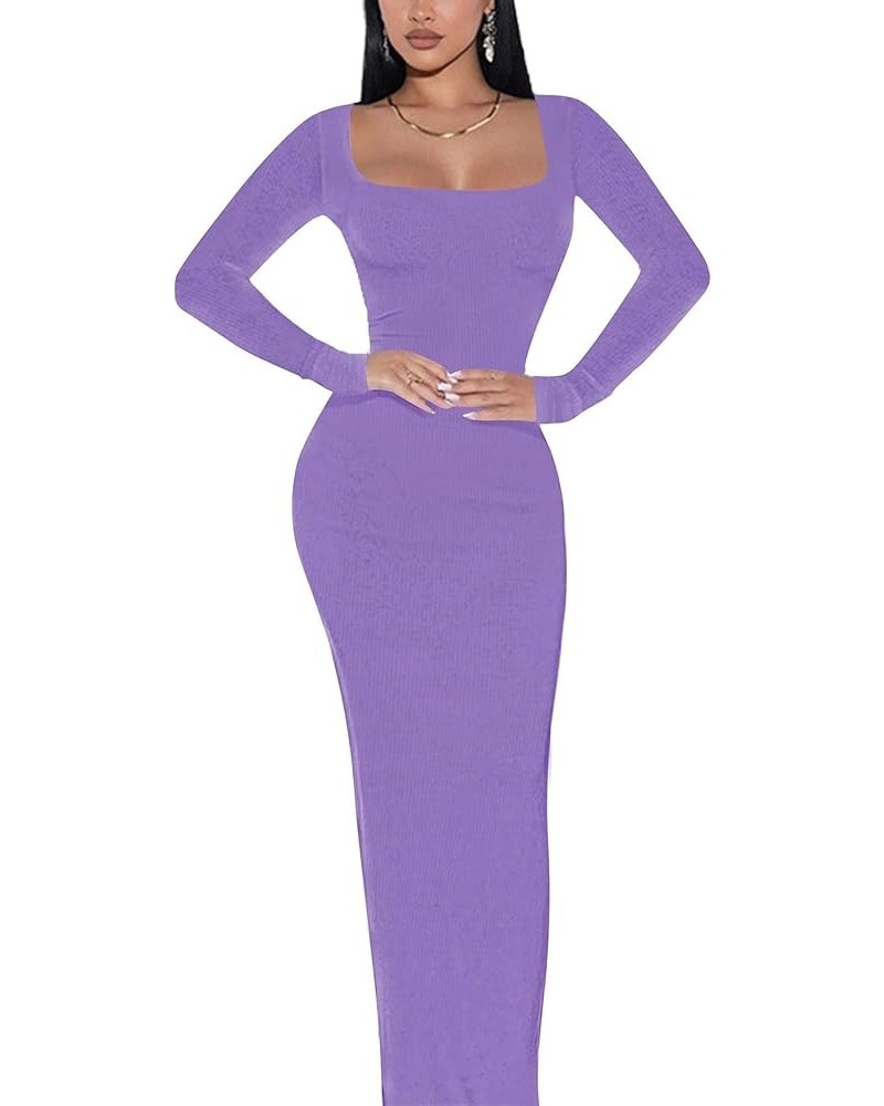 Women's Square Neck Long Sleeve Maxi Dress Sexy Knit Bodycon Long Dress for Women A-purple-long Sleeve $15.05 Dresses