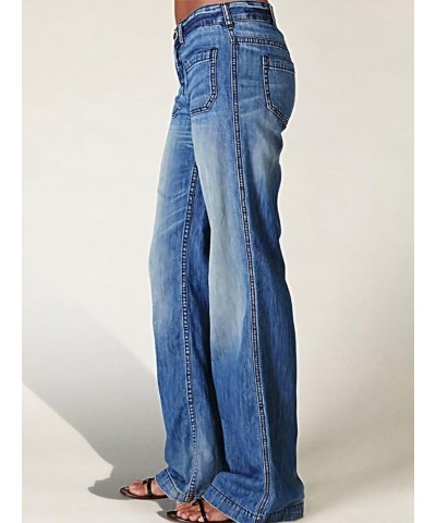 Women's Pocket Detail Wide Leg Jeans Low Waist Vintage Pants Mid Blue $24.96 Jeans