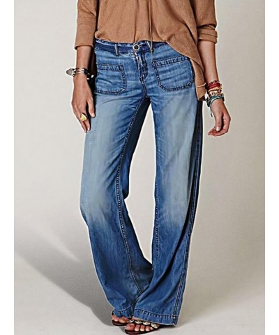 Women's Pocket Detail Wide Leg Jeans Low Waist Vintage Pants Mid Blue $24.96 Jeans