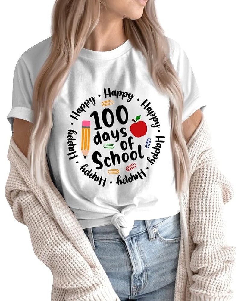 100th Day of School Teacher Shirt Happy 100 Days of School T-Shirt Letter Print Short Sleeve Tshirts Loose Casual Tops 03-whi...