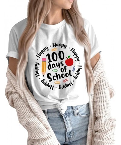 100th Day of School Teacher Shirt Happy 100 Days of School T-Shirt Letter Print Short Sleeve Tshirts Loose Casual Tops 03-whi...