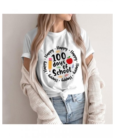 100th Day of School Teacher Shirt Happy 100 Days of School T-Shirt Letter Print Short Sleeve Tshirts Loose Casual Tops 03-whi...