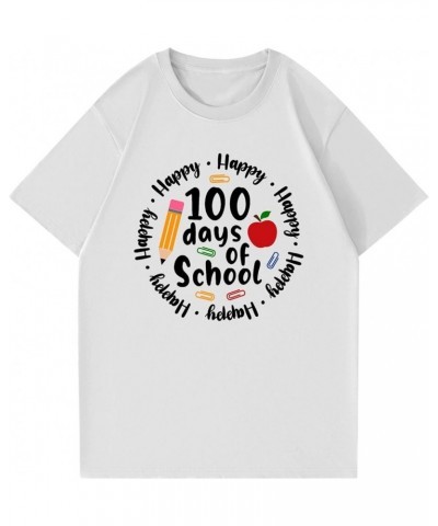 100th Day of School Teacher Shirt Happy 100 Days of School T-Shirt Letter Print Short Sleeve Tshirts Loose Casual Tops 03-whi...