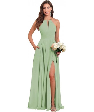 Women's Halter Chiffon Bridesmaid Dresses with Slit Long Pleated Evening Dress Formal Party Gowns Sage Green $25.48 Dresses