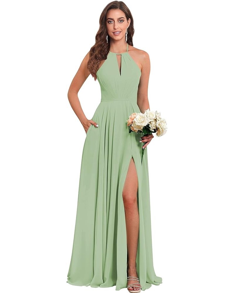 Women's Halter Chiffon Bridesmaid Dresses with Slit Long Pleated Evening Dress Formal Party Gowns Sage Green $25.48 Dresses