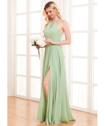 Women's Halter Chiffon Bridesmaid Dresses with Slit Long Pleated Evening Dress Formal Party Gowns Sage Green $25.48 Dresses