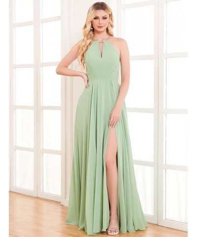 Women's Halter Chiffon Bridesmaid Dresses with Slit Long Pleated Evening Dress Formal Party Gowns Sage Green $25.48 Dresses