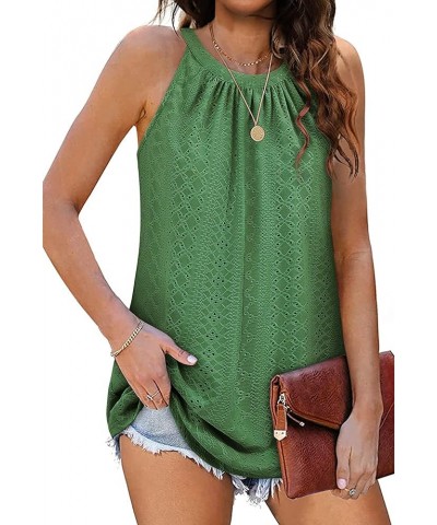 Tank Top for Women Loose Fit High Neck Sleeveless Halter Tops Casual Pleated Eyelet Summer Flowy Cami Shirts Blouse Olive Gre...