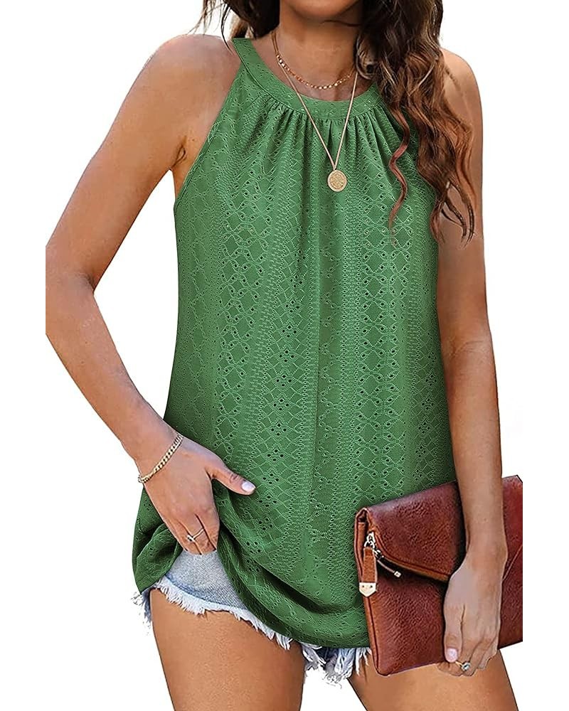 Tank Top for Women Loose Fit High Neck Sleeveless Halter Tops Casual Pleated Eyelet Summer Flowy Cami Shirts Blouse Olive Gre...