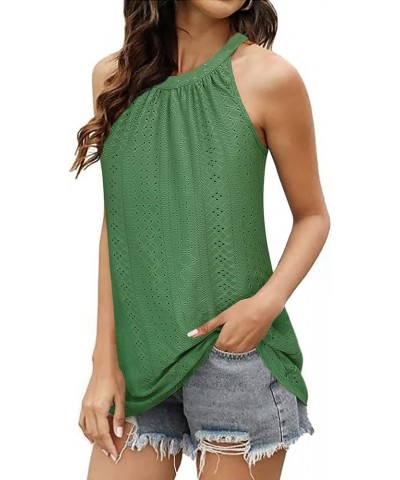 Tank Top for Women Loose Fit High Neck Sleeveless Halter Tops Casual Pleated Eyelet Summer Flowy Cami Shirts Blouse Olive Gre...