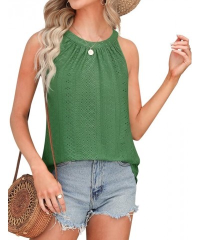 Tank Top for Women Loose Fit High Neck Sleeveless Halter Tops Casual Pleated Eyelet Summer Flowy Cami Shirts Blouse Olive Gre...