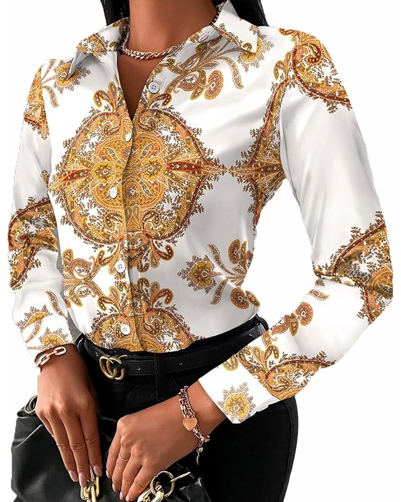 Buchona Outfits for Women Collar Blouses Button Down Shirts Colorful Long Sleeve Floral Print Tops Loose Sexy T-Shirts White1...