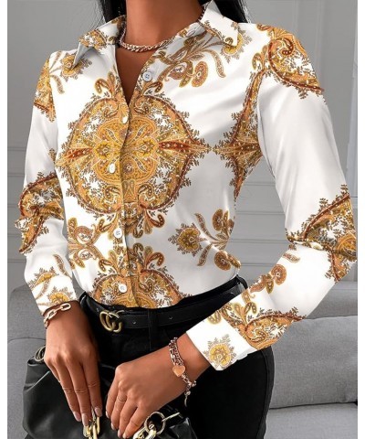 Buchona Outfits for Women Collar Blouses Button Down Shirts Colorful Long Sleeve Floral Print Tops Loose Sexy T-Shirts White1...