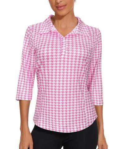 Women's Short Sleeve Golf Shirts 1/4 Zip Up Loose Yoga Running Workout Tops Pink Houndstooth $12.47 Activewear