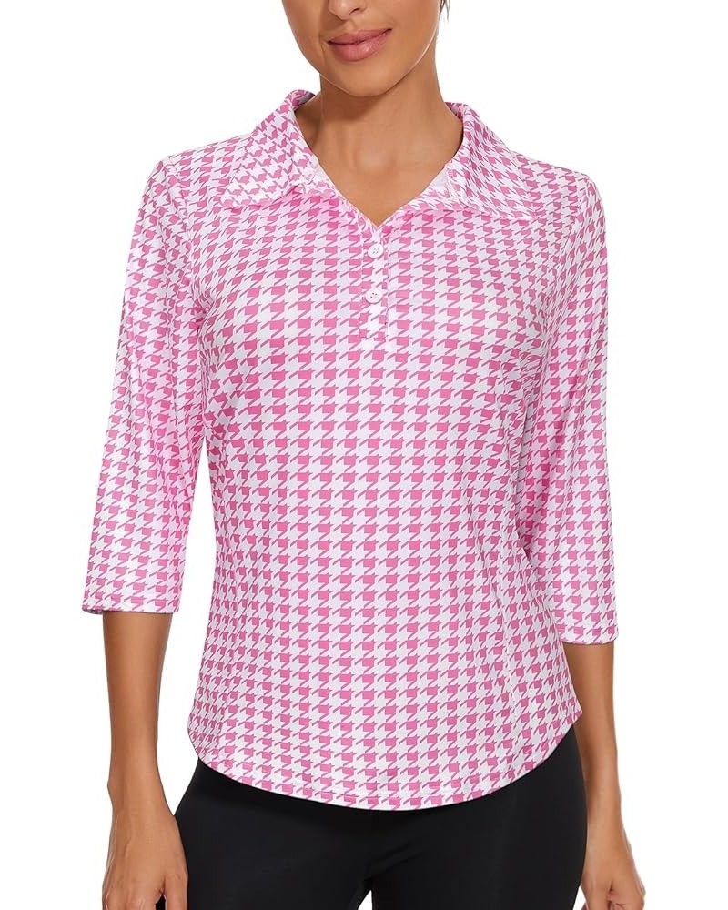 Women's Short Sleeve Golf Shirts 1/4 Zip Up Loose Yoga Running Workout Tops Pink Houndstooth $12.47 Activewear