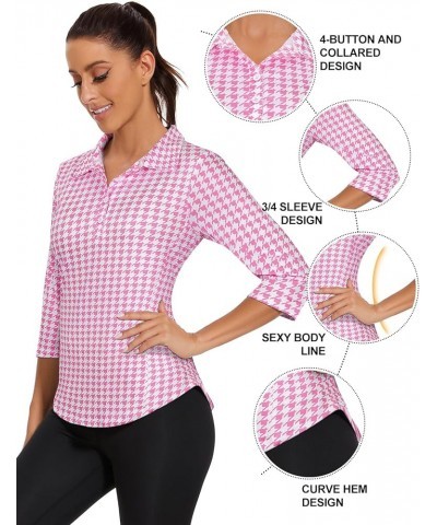 Women's Short Sleeve Golf Shirts 1/4 Zip Up Loose Yoga Running Workout Tops Pink Houndstooth $12.47 Activewear