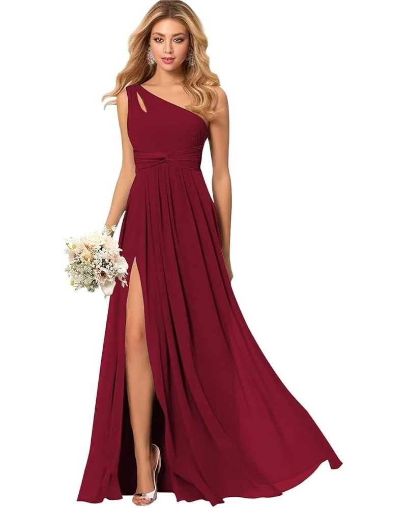 Women's One Shoulder Chiffon Bridesmaid Dresses with Pockets Long Ruched A Line Formal Evening Gown with Slit VS024 Wine Red ...