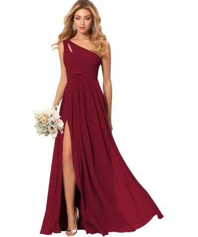 Women's One Shoulder Chiffon Bridesmaid Dresses with Pockets Long Ruched A Line Formal Evening Gown with Slit VS024 Wine Red ...