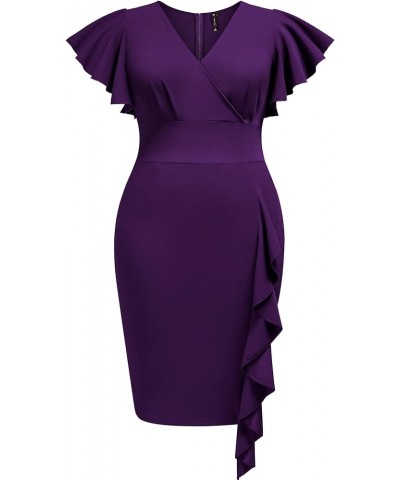 Women's Plus Size Vintage V Neck Ruffles Sleeve Business Cocktail Party Pencil Dress Purple $22.26 Dresses