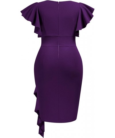 Women's Plus Size Vintage V Neck Ruffles Sleeve Business Cocktail Party Pencil Dress Purple $22.26 Dresses