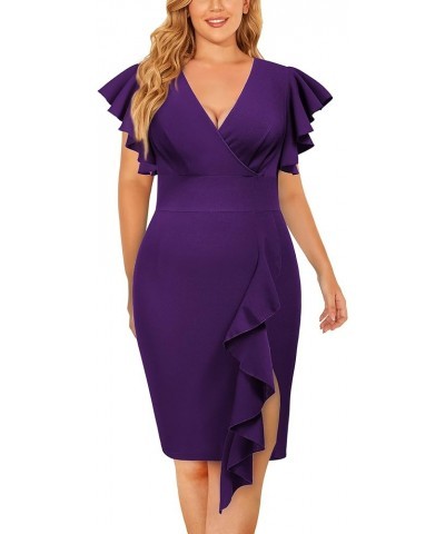 Women's Plus Size Vintage V Neck Ruffles Sleeve Business Cocktail Party Pencil Dress Purple $22.26 Dresses