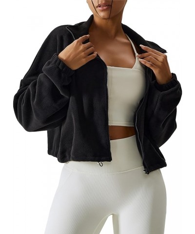 Women's Stand Collar Button Down Cropped Shacket Jacket Solid Color Varsity Bomber Jackets 2024 01 Black $22.41 Jackets