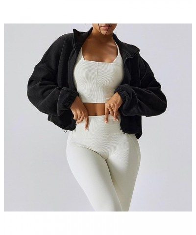 Women's Stand Collar Button Down Cropped Shacket Jacket Solid Color Varsity Bomber Jackets 2024 01 Black $22.41 Jackets