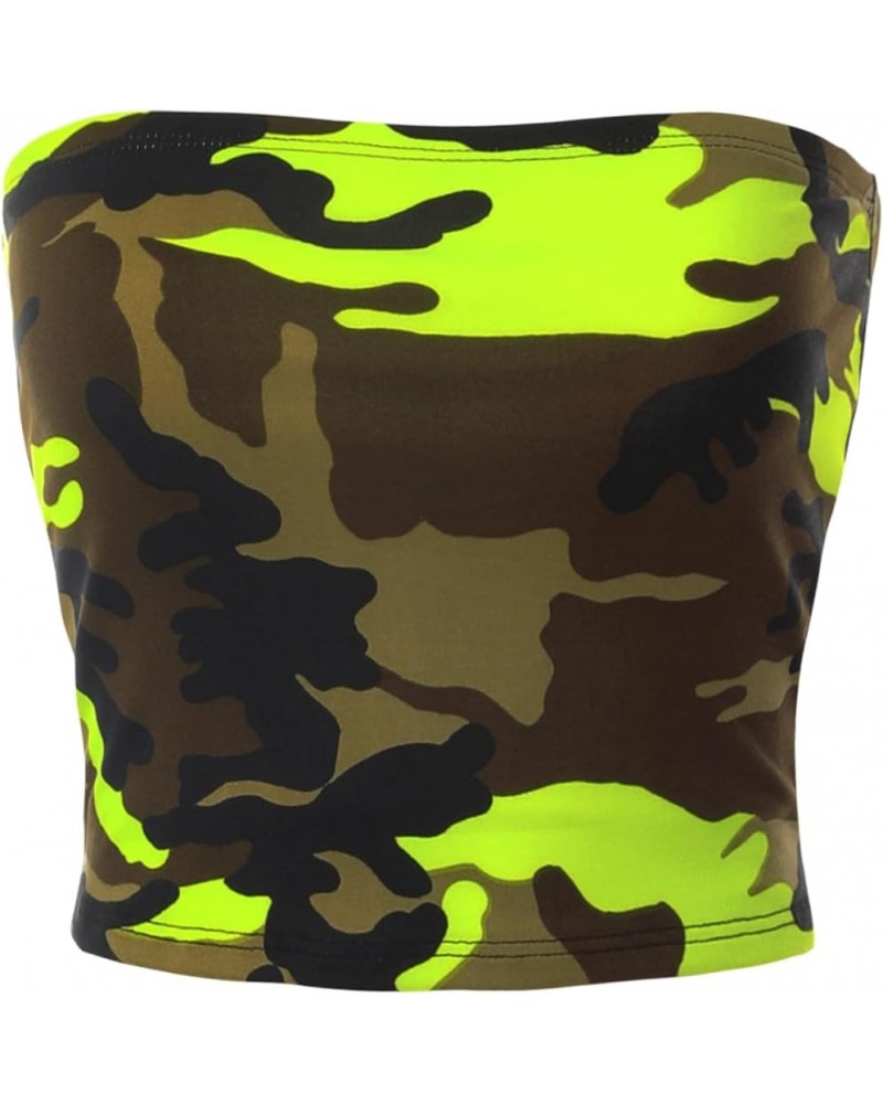 Women's Casual Strapless Basic Sexy Tube Top C Neon Lime Camo $11.25 Tanks