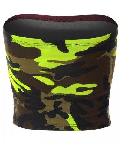 Women's Casual Strapless Basic Sexy Tube Top C Neon Lime Camo $11.25 Tanks