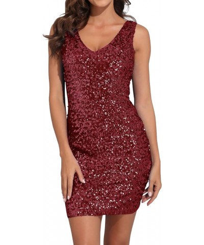 Women's Sexy Deep V Neck Sequin Glitter Bodycon Stretchy Mini Party Dress Red $15.18 Dresses