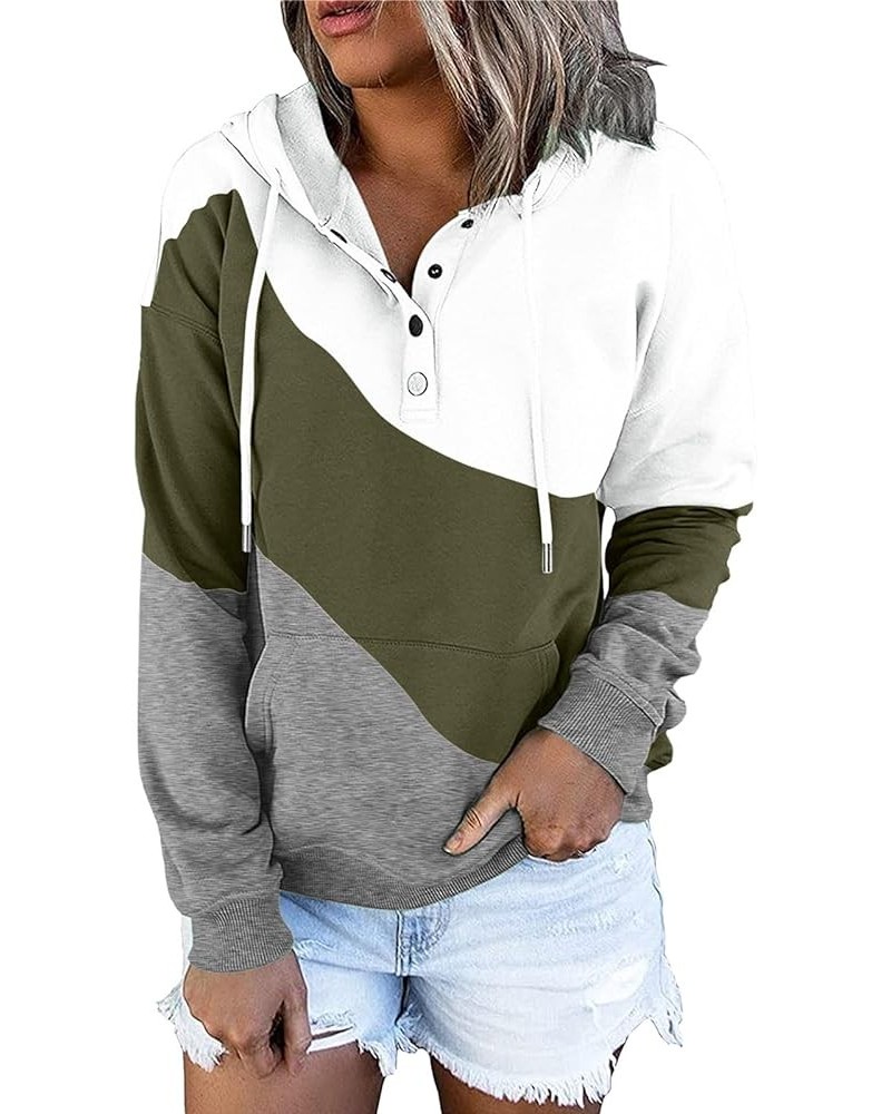 Women's Casual Long Sleeve Hoodies Color Block Button Down Hooded Drawstring Pullover Sweatshirt Tops with Pocket G-green $12...