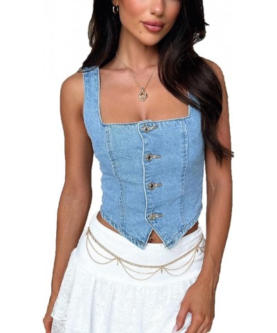 Women Vintage Y2K Denim Vest Sleeveless V Neck Button Down Cropped Jean Waistcoat Vest Retro Streetwear Tank Top 8 blue $11.7...