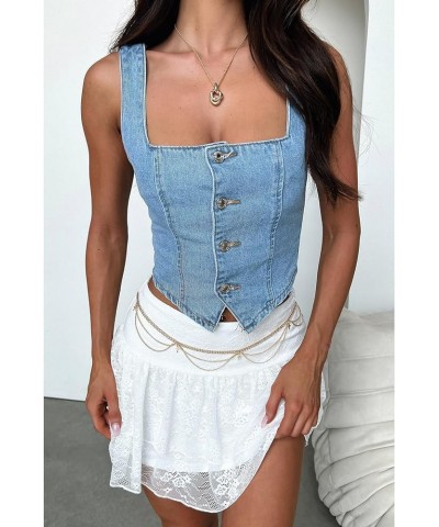 Women Vintage Y2K Denim Vest Sleeveless V Neck Button Down Cropped Jean Waistcoat Vest Retro Streetwear Tank Top 8 blue $11.7...