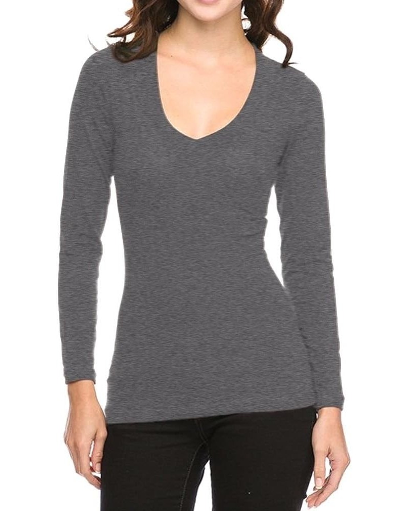 Women's Casual Long Sleeve Cotton Blend T-Shirt Charcoal Grey $8.95 Shoes
