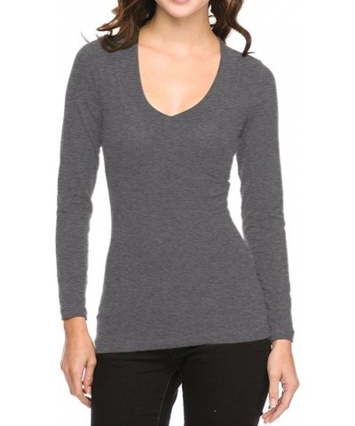 Women's Casual Long Sleeve Cotton Blend T-Shirt Charcoal Grey $8.95 Shoes