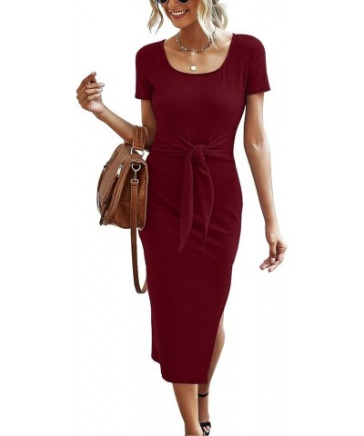 Women Short Sleeve Midi Dress Square Neck Tie Waist Slit Basic Summer Sheath Solid Bodycon Dresses Wine $21.72 Dresses