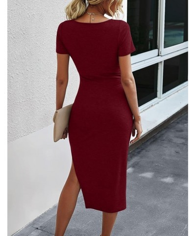 Women Short Sleeve Midi Dress Square Neck Tie Waist Slit Basic Summer Sheath Solid Bodycon Dresses Wine $21.72 Dresses