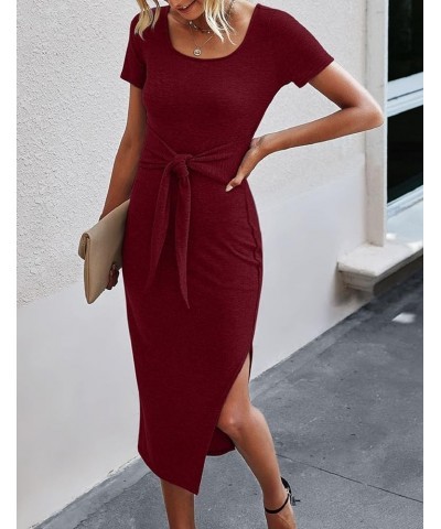 Women Short Sleeve Midi Dress Square Neck Tie Waist Slit Basic Summer Sheath Solid Bodycon Dresses Wine $21.72 Dresses