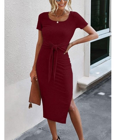 Women Short Sleeve Midi Dress Square Neck Tie Waist Slit Basic Summer Sheath Solid Bodycon Dresses Wine $21.72 Dresses