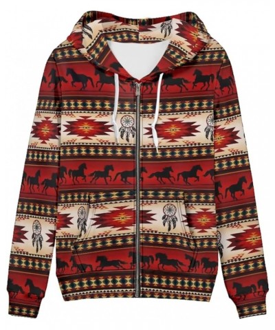 Women's Hoodies Long Sleeves Sweatshirts with Pockets Drawstring Fall Coat Loose Fit Red Tribal Horse $13.44 Hoodies & Sweats...