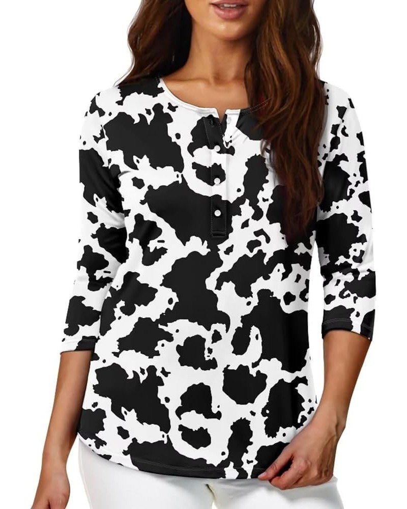 Boat Neck Plus Size Tops for Women 3/4 Sleeve with Button Casual Trendy Cloth Black Cow Print $10.75 Blouses