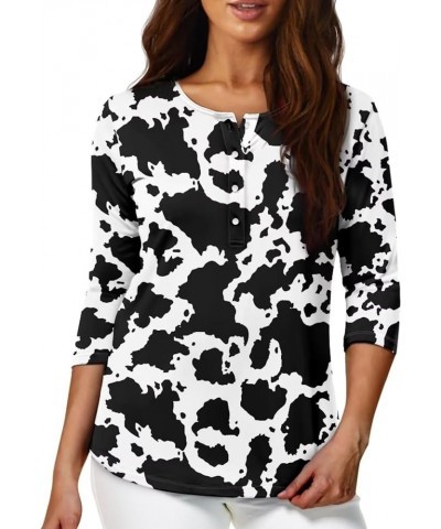 Boat Neck Plus Size Tops for Women 3/4 Sleeve with Button Casual Trendy Cloth Black Cow Print $10.75 Blouses