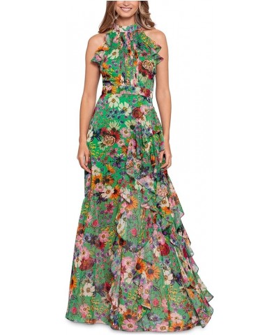 Women's Halter Chiffon Print Ruffled Gown Green $89.35 Dresses