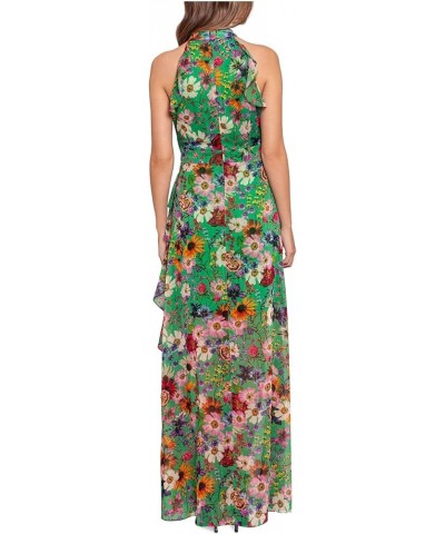 Women's Halter Chiffon Print Ruffled Gown Green $89.35 Dresses