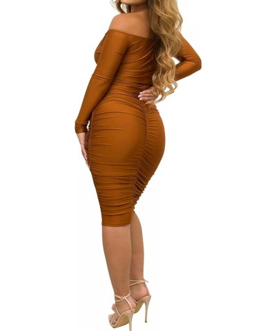 Women's Long Sleeve Off Shoulder Midi Dress Sexy Plus Size Bodycon Party Dress Ruched Club Midi Dresses Brown $20.16 Dresses