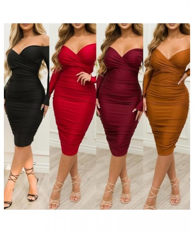 Women's Long Sleeve Off Shoulder Midi Dress Sexy Plus Size Bodycon Party Dress Ruched Club Midi Dresses Brown $20.16 Dresses