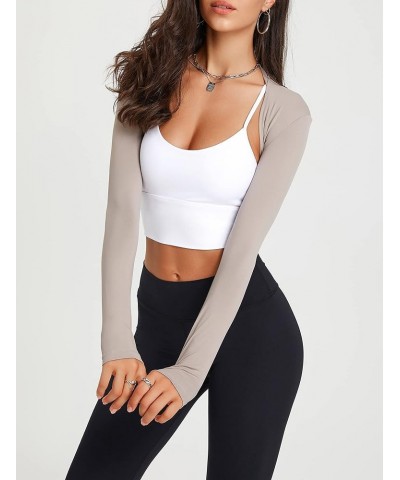 Women's Athletic Cropped Shrug Long Sleeve Workout Bolero Shrug Ladies Open Front Cardigan Jacket for Dresses Casual Milk Cof...