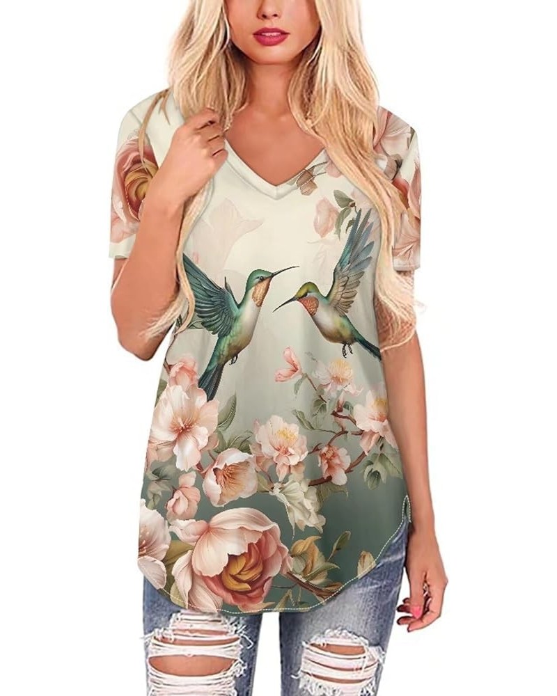 Women Novelty T-Shirts V Neck Summer Tops Graphic Tees Short Sleeve Blossom Hummingbird $14.49 Activewear