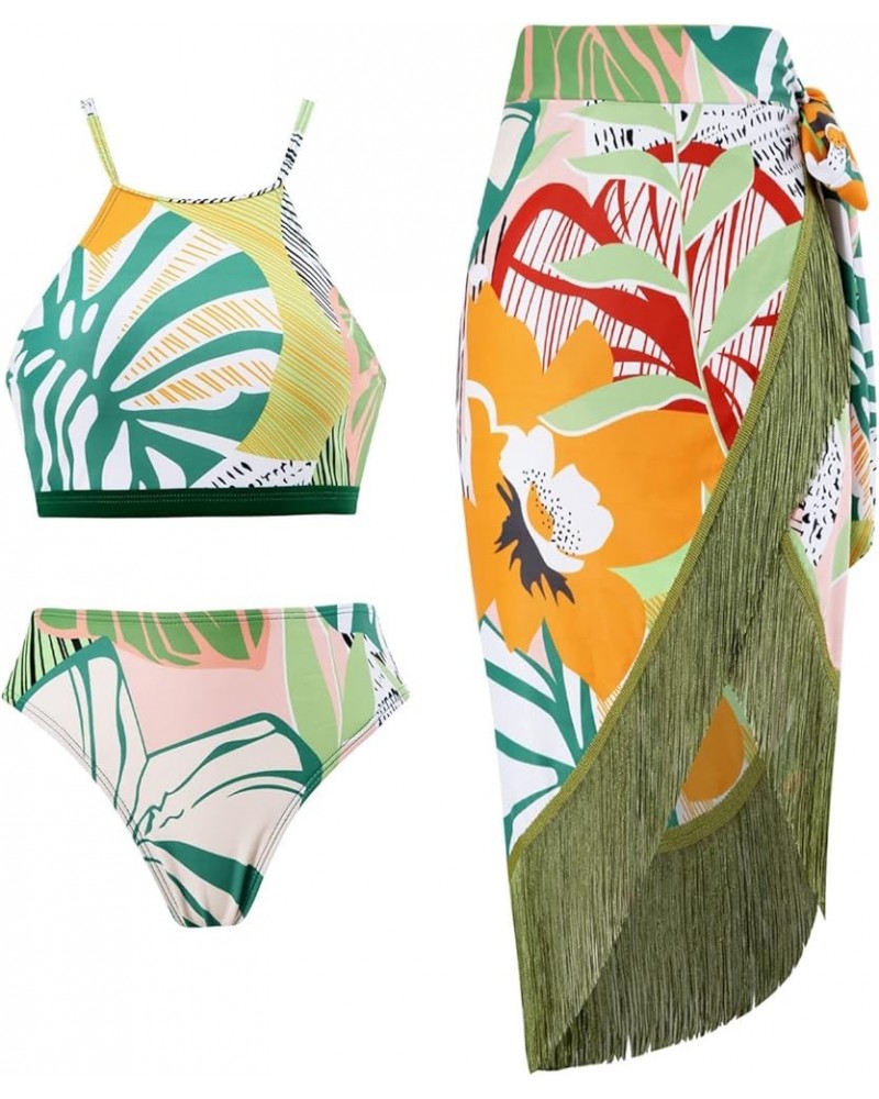 Women's Vintage Floral Print One Piece Swimsuit Ruffle Backless Swimming Suits with Movable Chest Pads Green C $23.52 Swimsuits