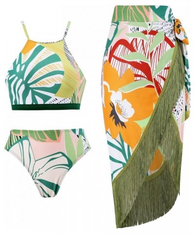 Women's Vintage Floral Print One Piece Swimsuit Ruffle Backless Swimming Suits with Movable Chest Pads Green C $23.52 Swimsuits